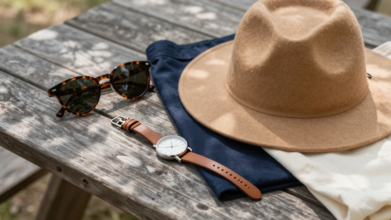Close-up of stylish camping accessories including hat, sunglasses, and watch on a wooden table.