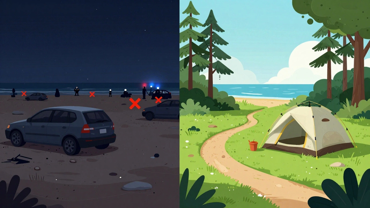 Comparison of illegal beach camping versus legal state park camping