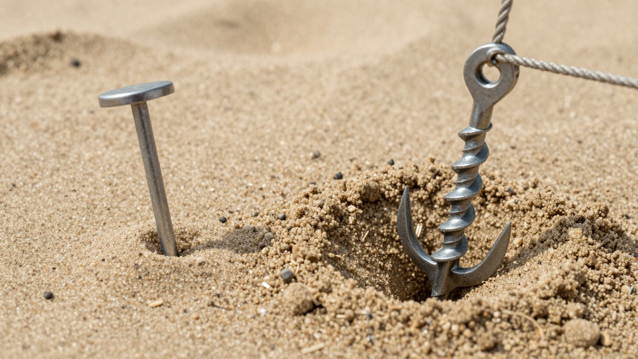 Comparison of spiral anchors vs standard pegs in wet and dry sand