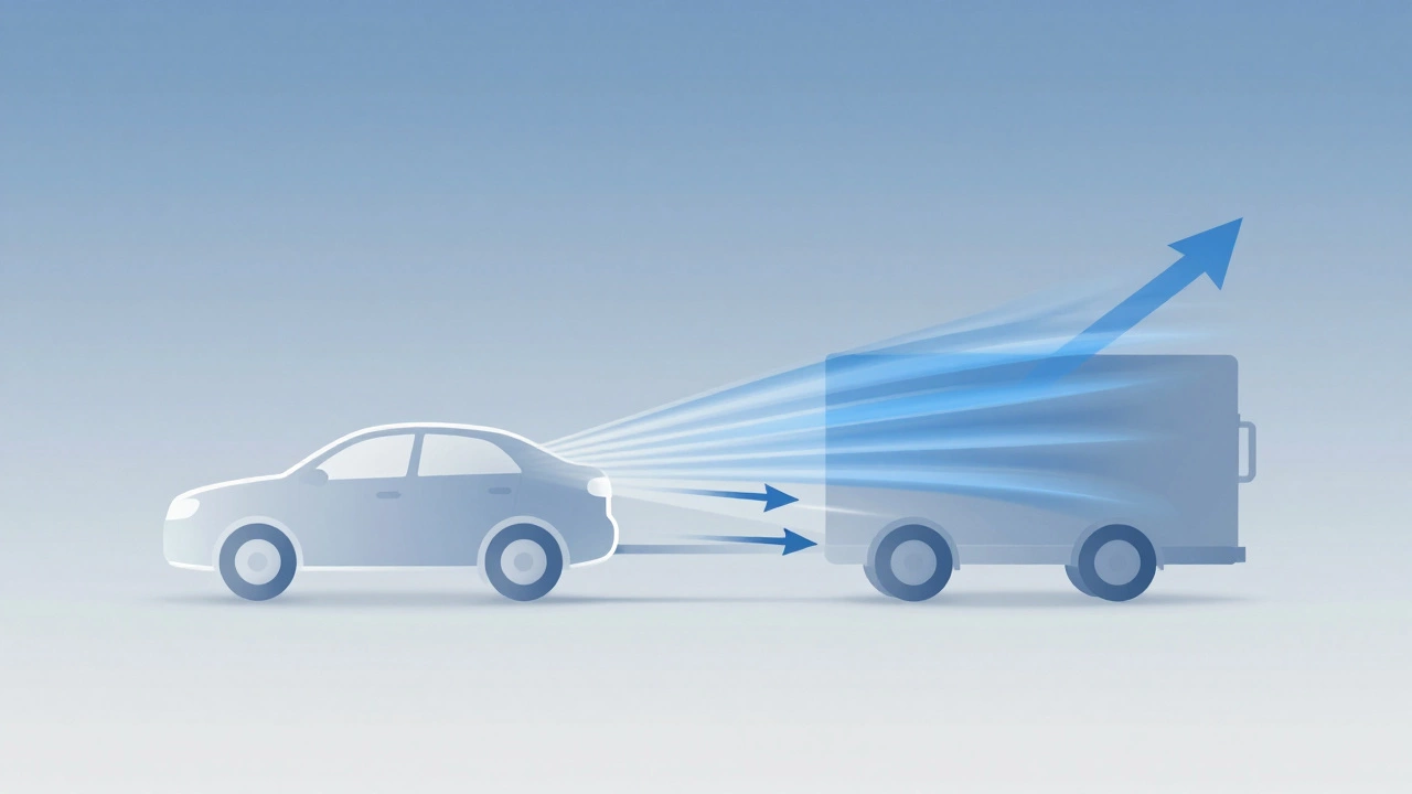 Conceptual art showing wind forces and kinetic energy affecting a towed trailer