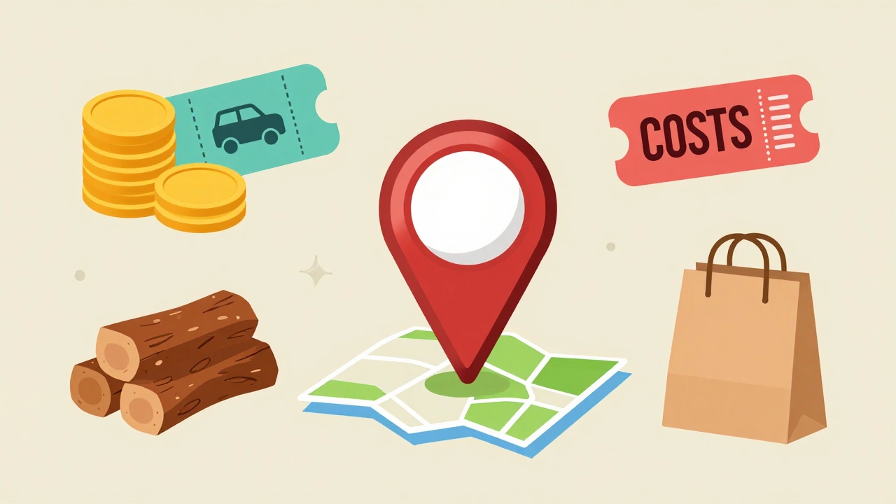Conceptual illustration of camping costs including fees, firewood, and food icons