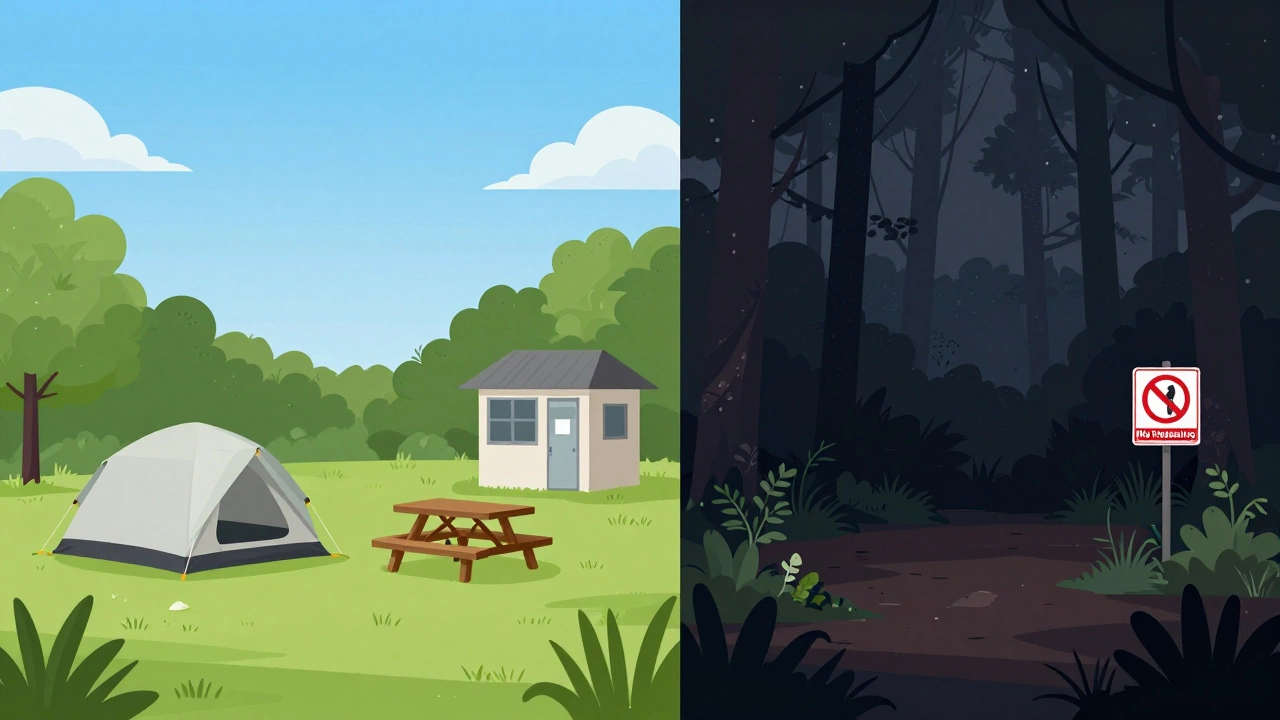 Contrast between a safe state park campsite and a risky illegal wild camping spot