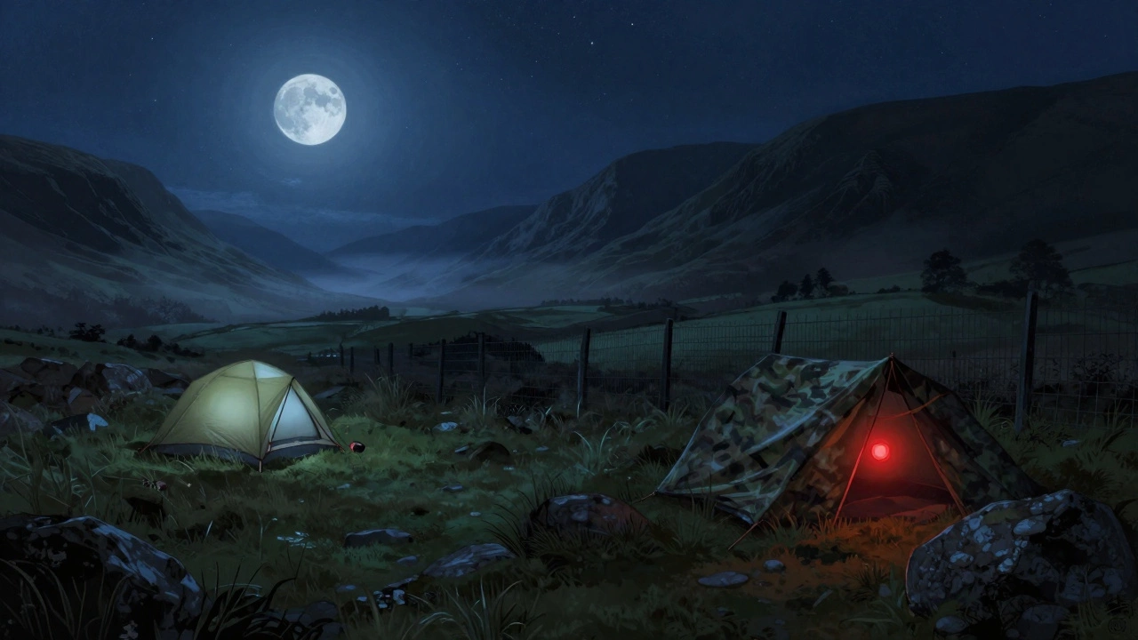 Contrast between open Scottish camping and hidden English stealth