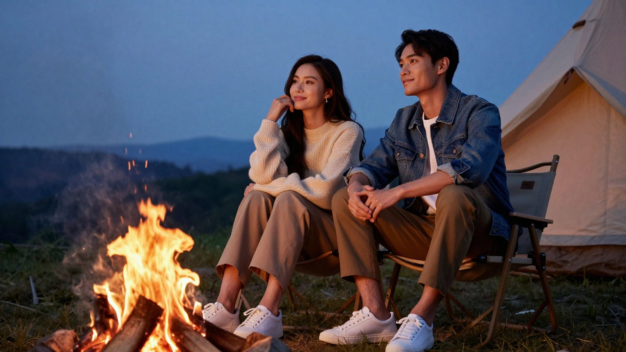 Couple in fashionable layers sitting by a warm campfire at dusk in a luxury outdoor setting.