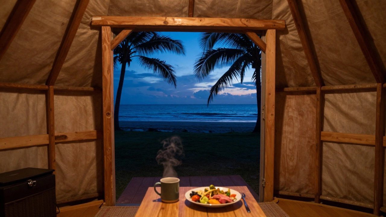 Cozy cabin interior view looking out at the beach at dusk with warm lighting