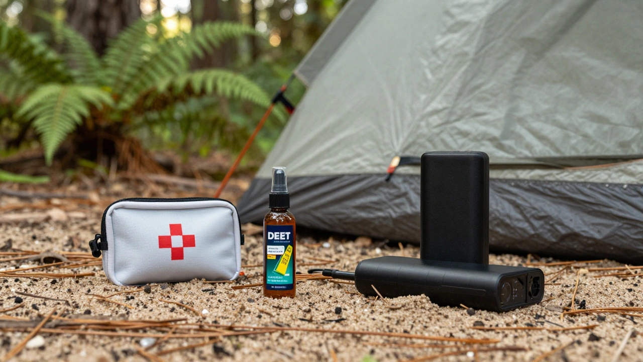 Essential camping gear including tent, bug spray, and first aid kit on forest floor