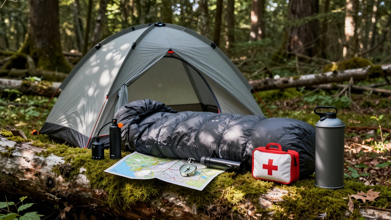 Essential wild camping gear on a forest log