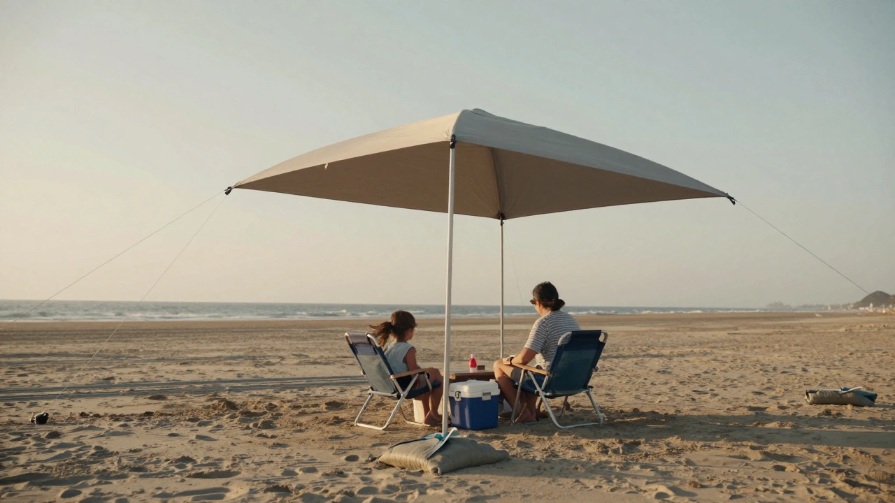Family under secured beach gazebo with guylines and sandbags