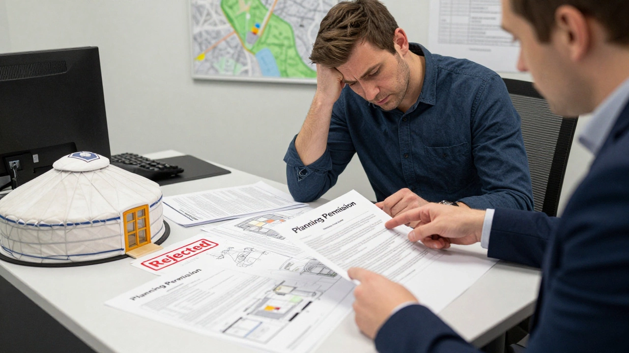 Homeowner reviewing rejected planning permission documents for a yurt.