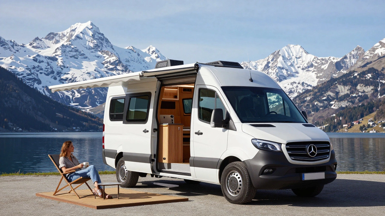 Luxury Mercedes Sprinter motorhome by an alpine lake
