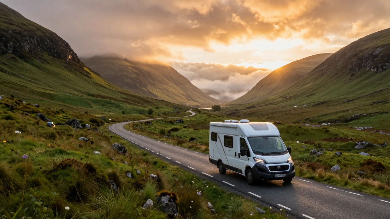 Motorhome driving on a scenic road in the Scottish Highlands at sunset