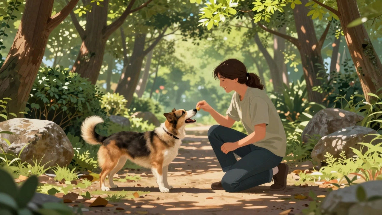 Owner rewarding calm dog with treat during outdoor training