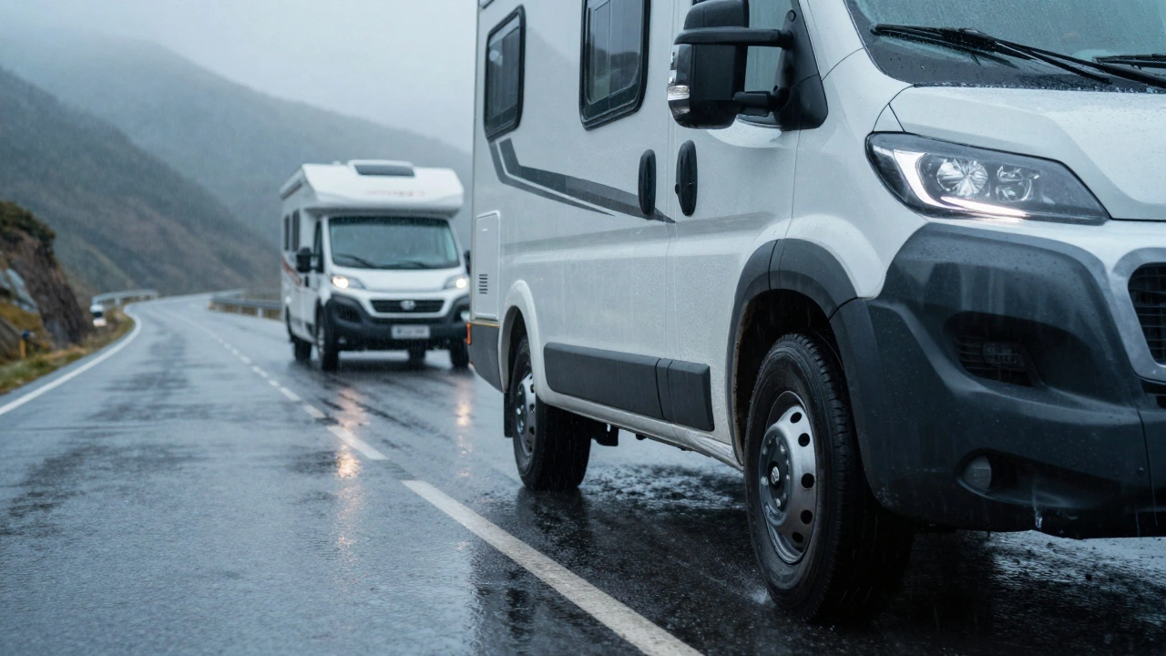 RV towing vehicle driving carefully on a wet, winding mountain road