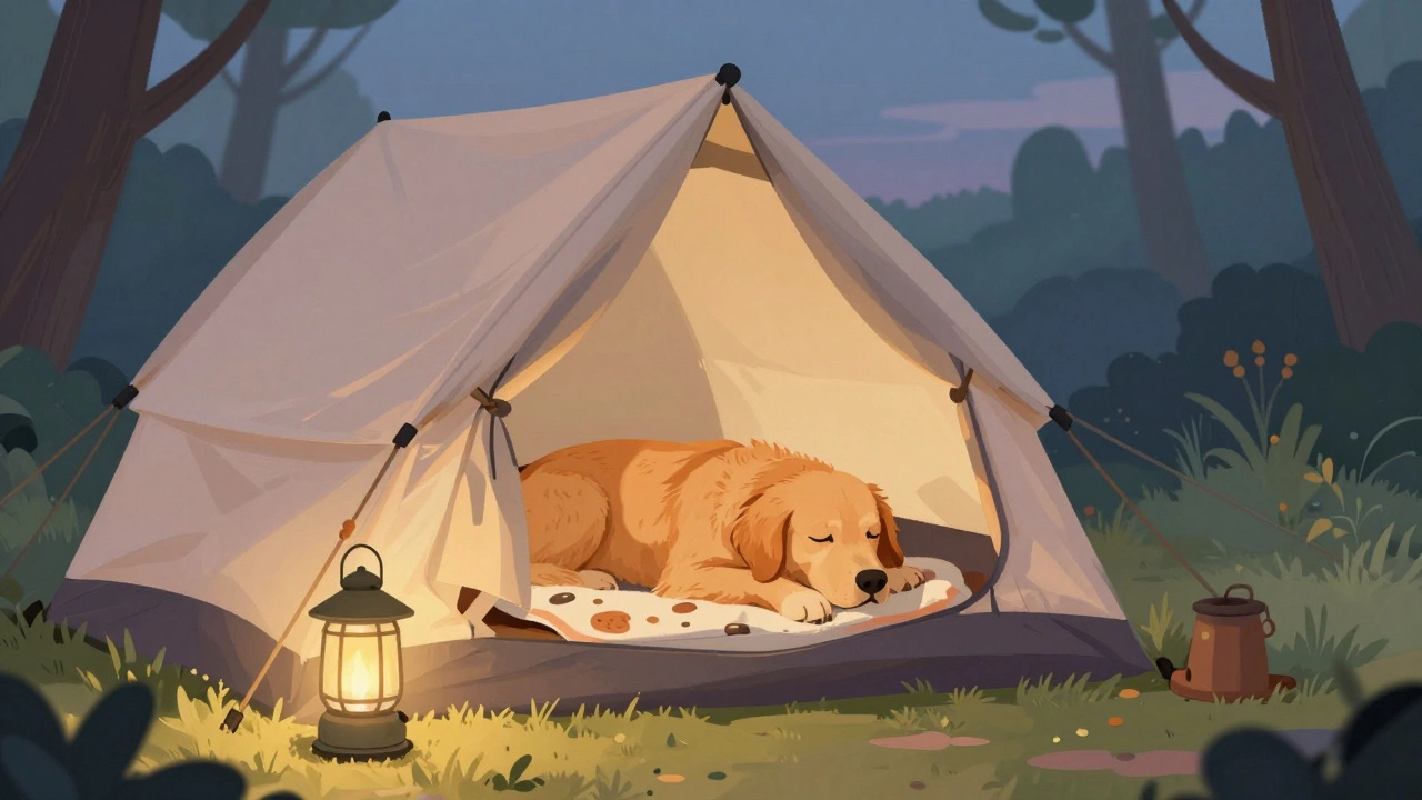 Tired dog sleeping peacefully inside a cozy camping tent