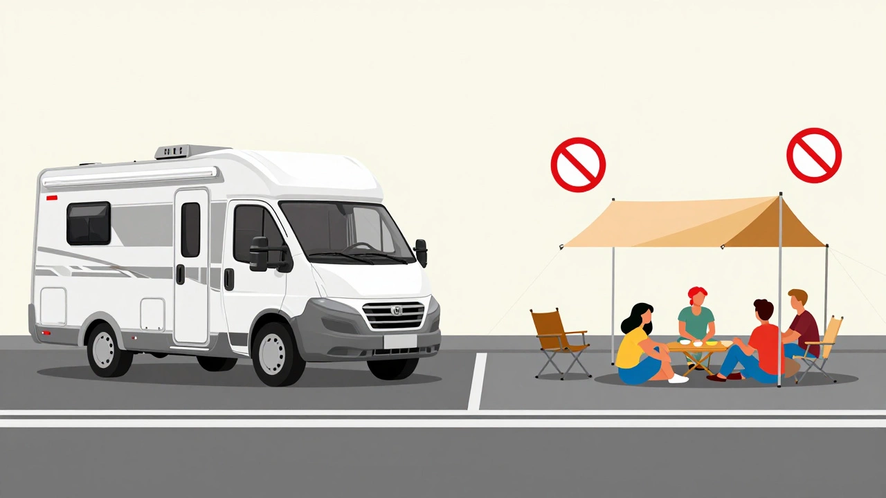 Visual comparison of legal motorhome parking versus illegal camping setup