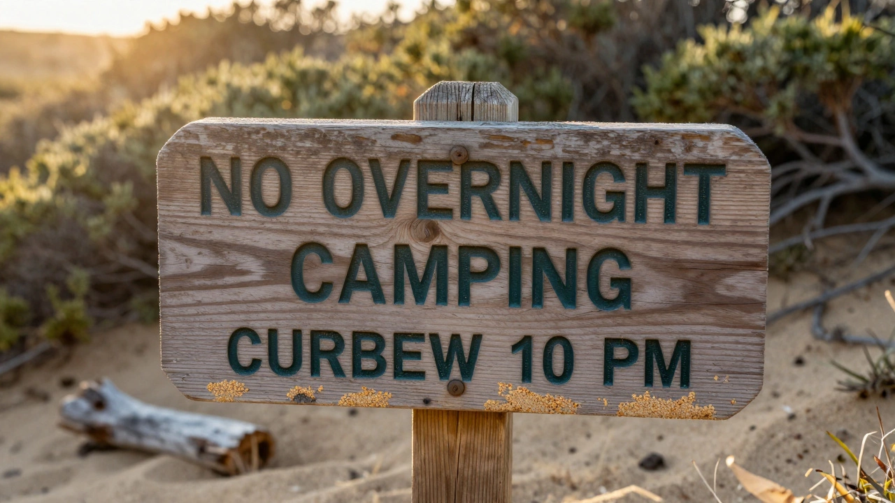 Wooden no overnight camping sign on a sandy California beach