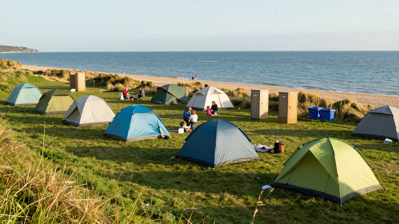 Busy designated beach campsite with families