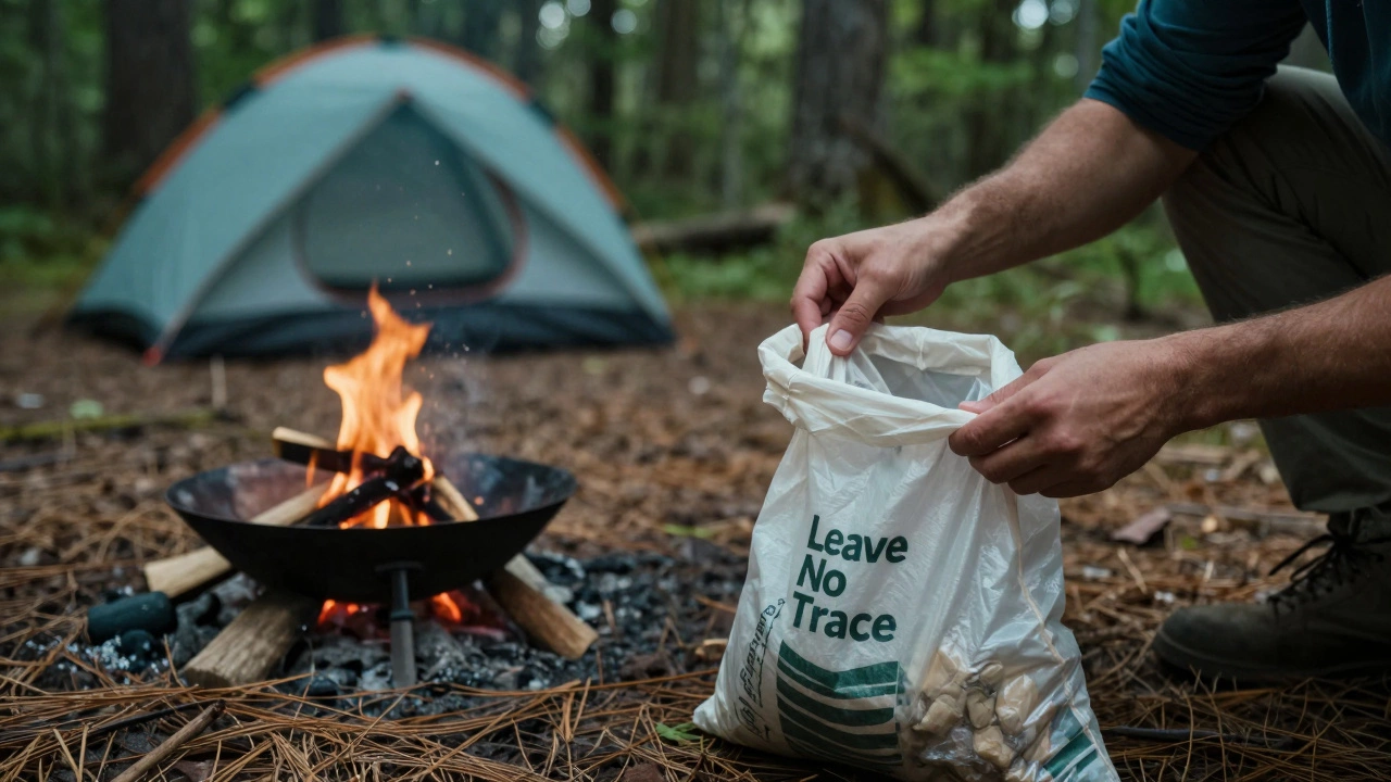 Camper packing out trash in Michigan woods