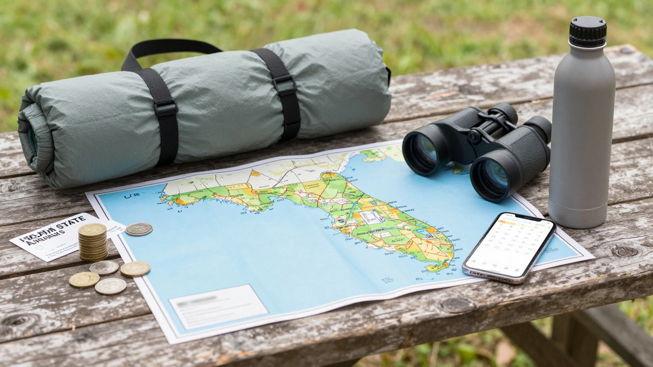 Camping gear and map on a picnic table symbolizing trip planning