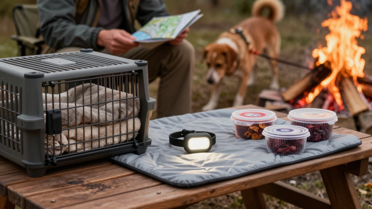 Camping gear for dogs including crate, bedding, and safety lights