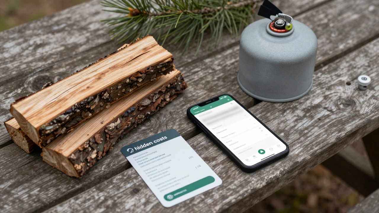 Camping supplies like firewood and passes on table