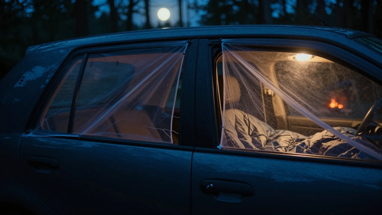 Car windows cracked open with mosquito nets for ventilation at night
