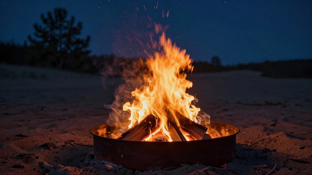 Dying campfire embers in a metal ring on sandy ground at night