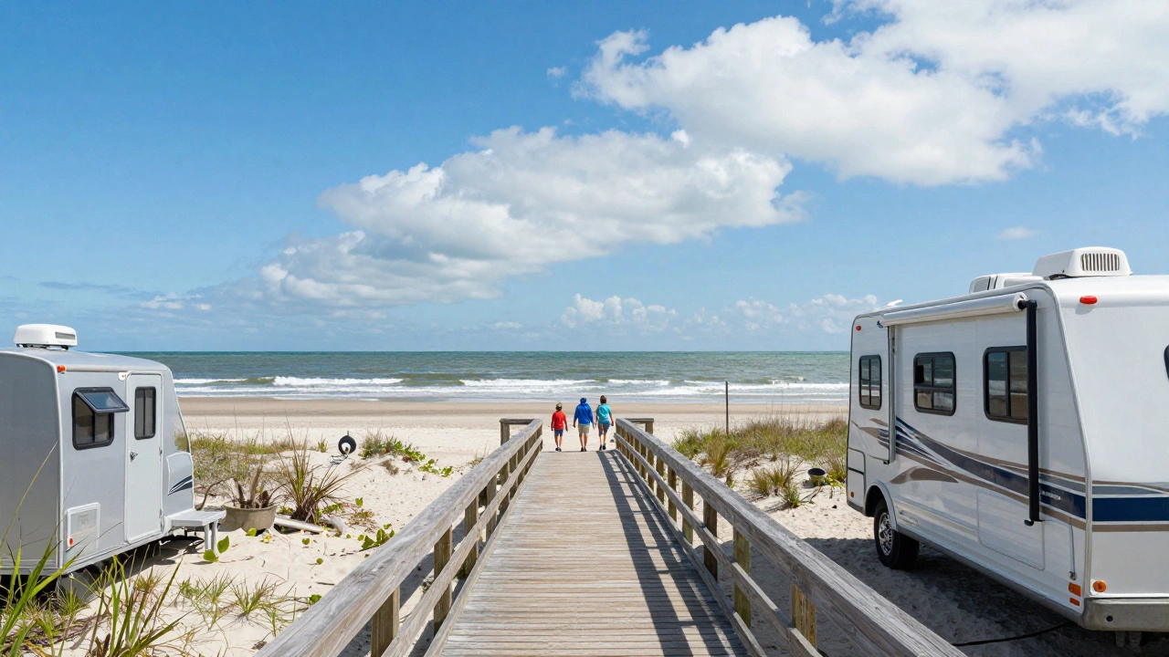 Family walking from RV to beach boardwalk at Hunting Island State Park
