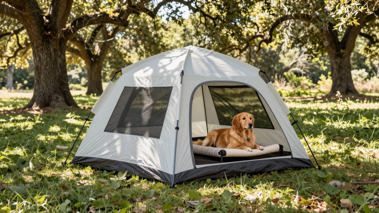 Golden retriever resting in a dedicated dog tent attached to a main tent