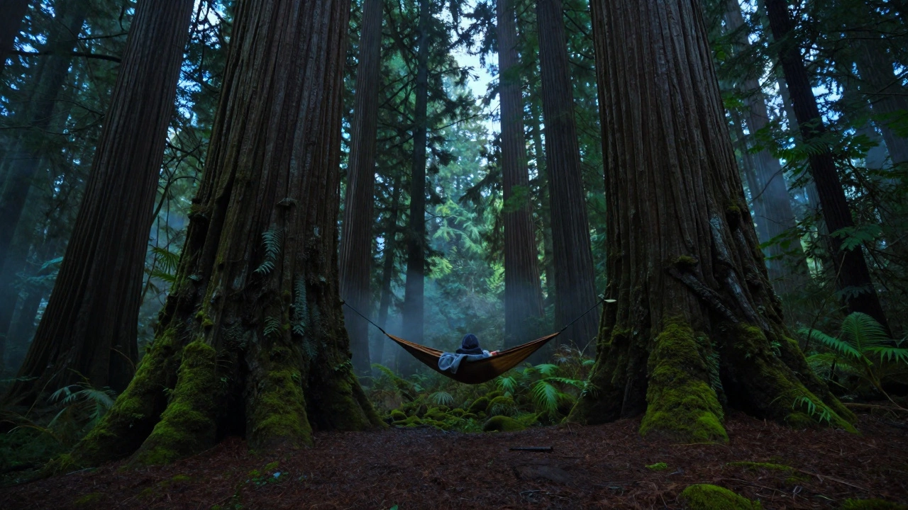 Hammock camping among giant mossy trees in rainforest