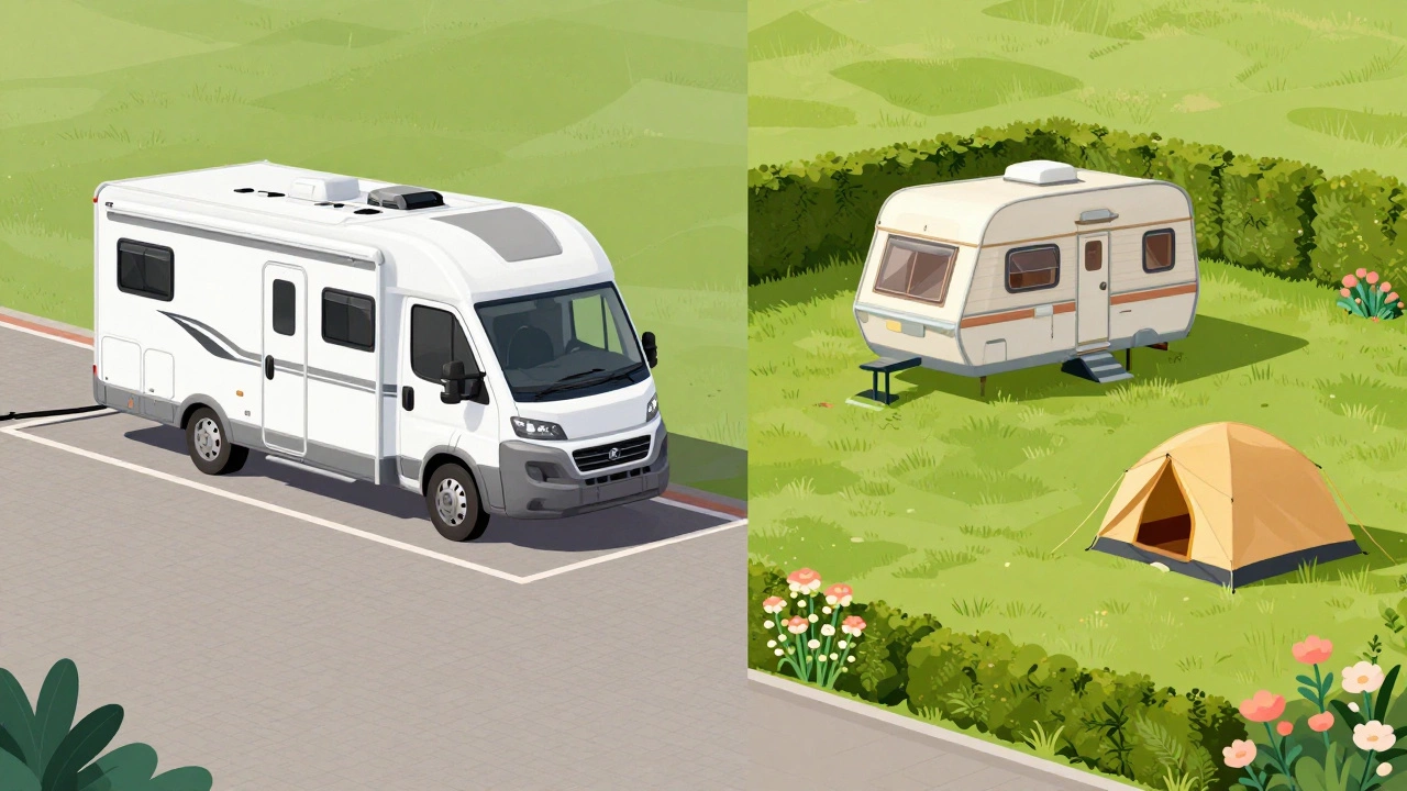 Illustration comparing a spacious US RV site with a cozy UK caravan park pitch.