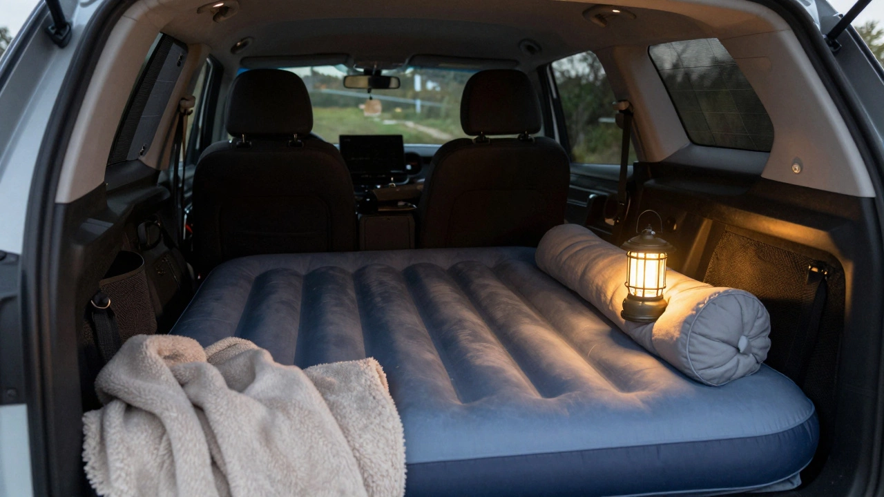 Interior of station wagon with inflatable mattress and privacy covers