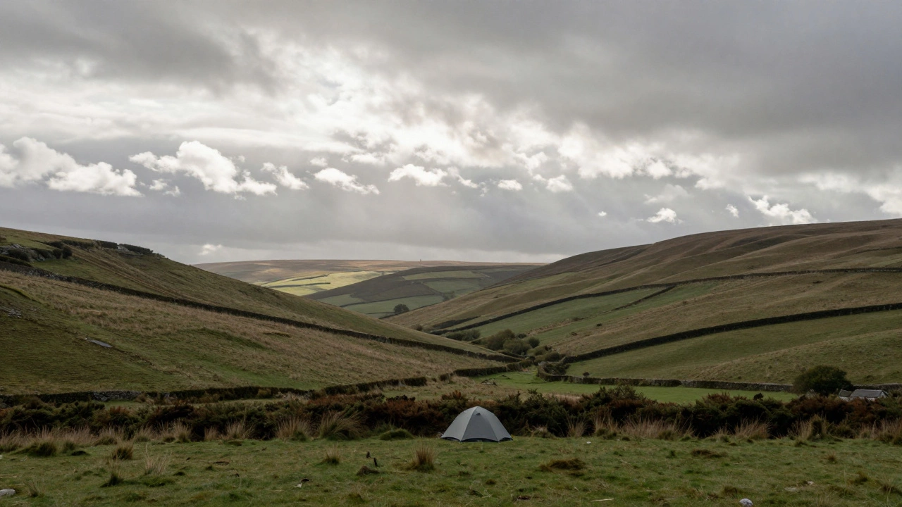 Invisible tent blending into rolling UK countryside hills