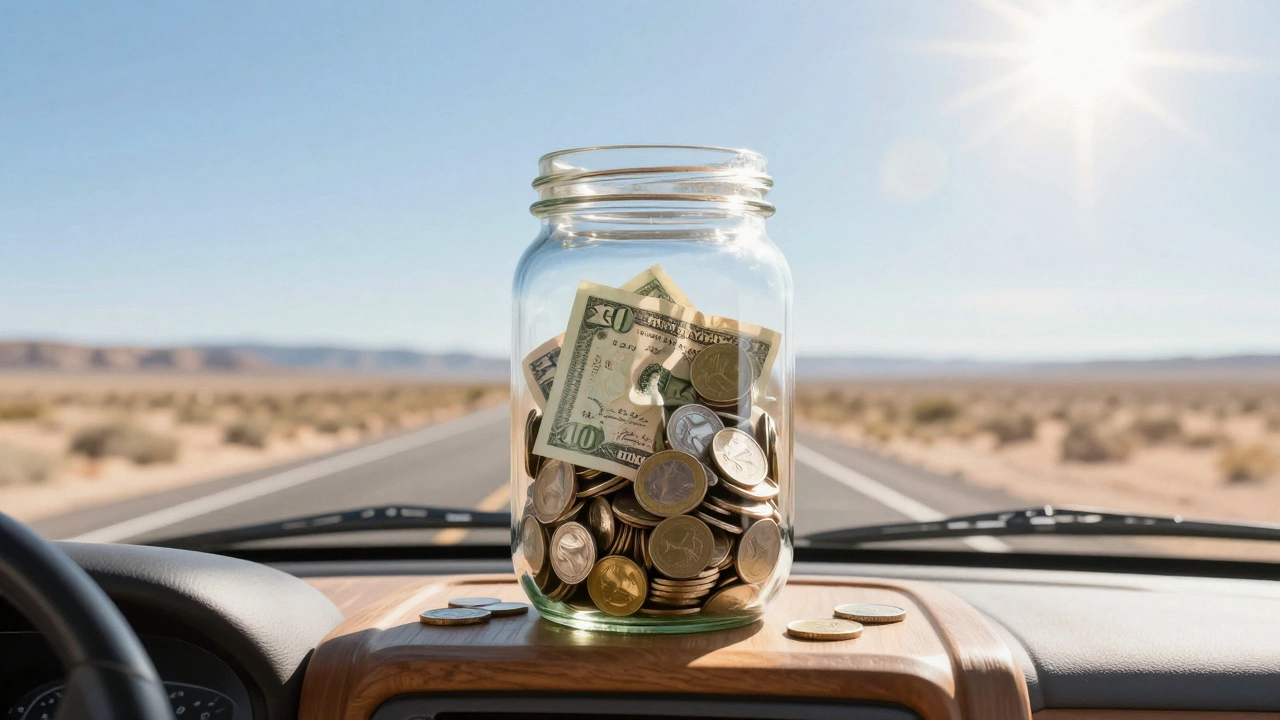 Jar of saved money on RV dashboard with highway scenery in background
