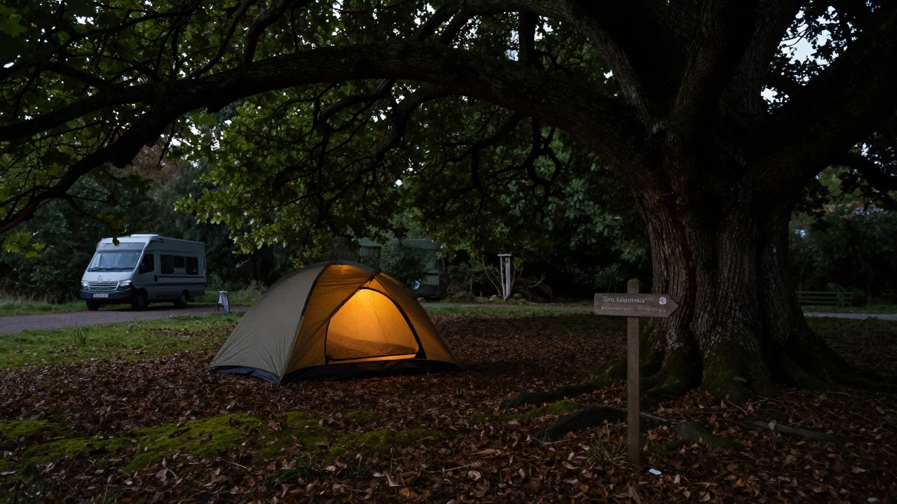Peaceful tent pitched under oak trees in a UK woodland campsite at dusk.