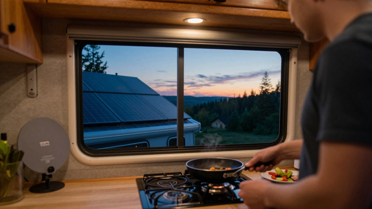 Person cooking in an RV kitchen with solar panels and forest sunset view