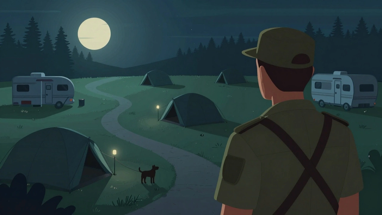 Quiet campground at night with leashed dog and dim lights