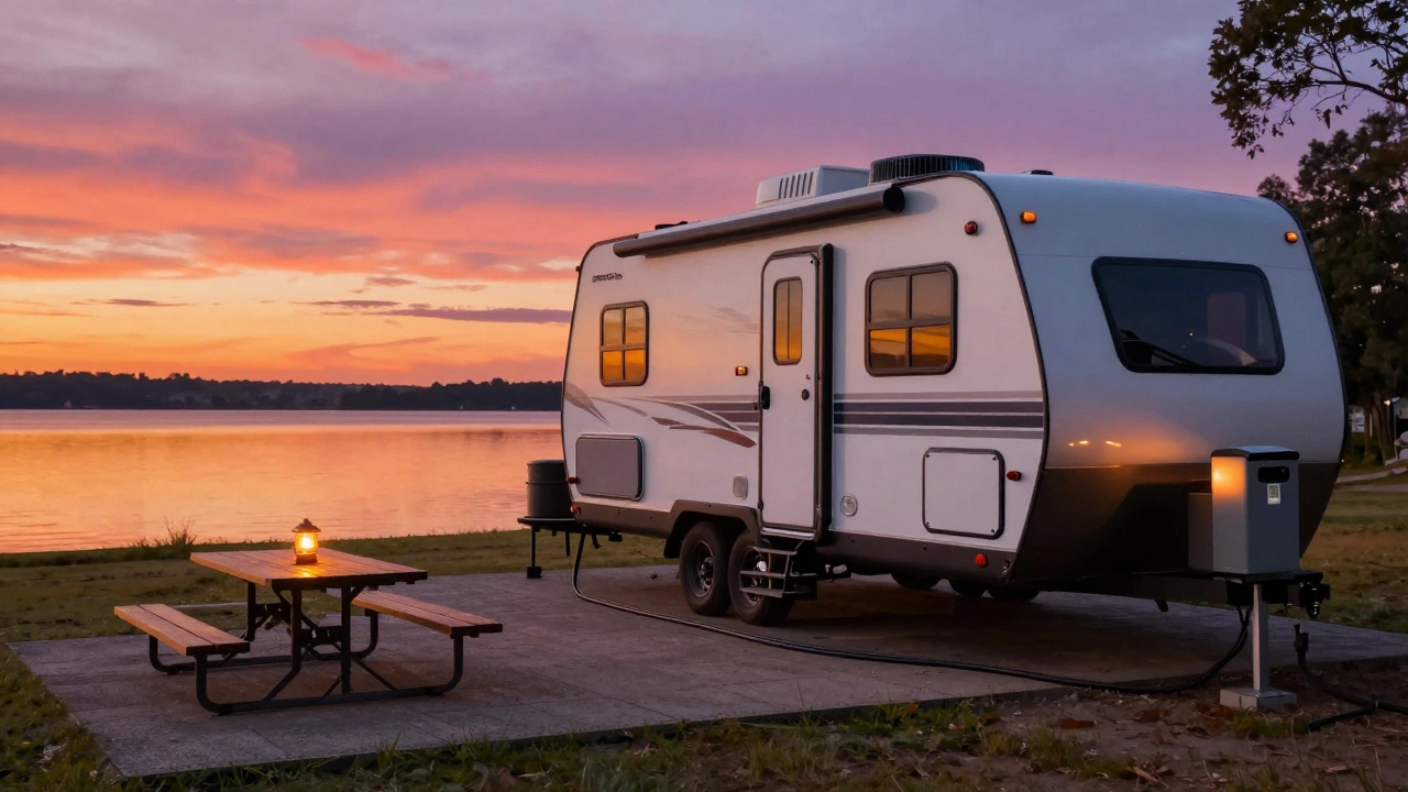RV with hookups parked at a scenic lakeside campsite during sunset