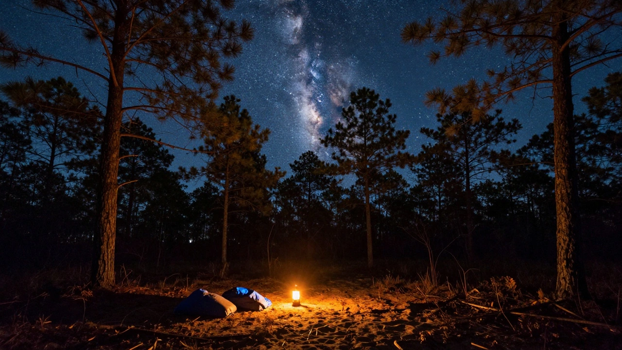 Stargazing in open pine forest with clear night sky