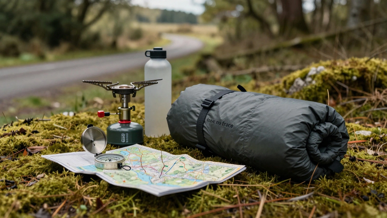 Stealth camping gear like stove and map on mossy forest floor