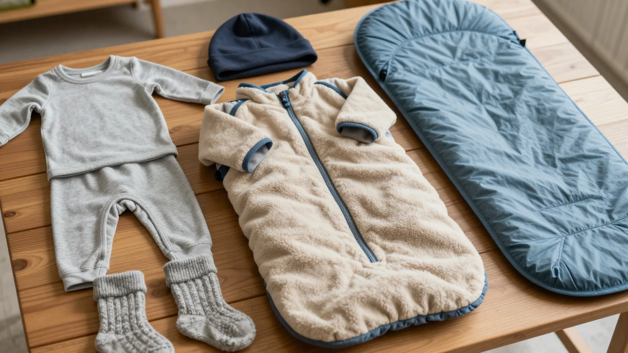 Baby winter camping gear including wool clothes and pad