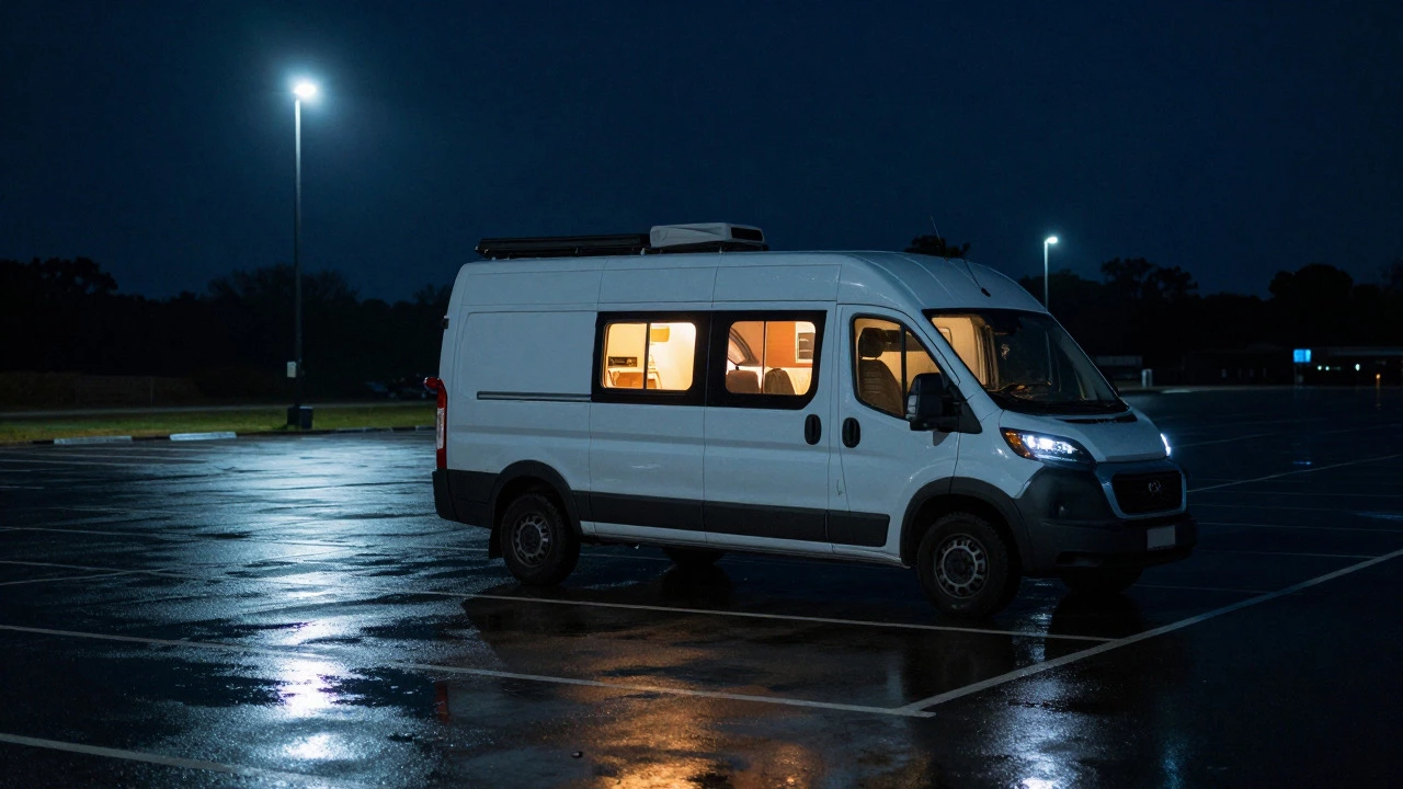 Camper van parked in dark Walmart lot at night