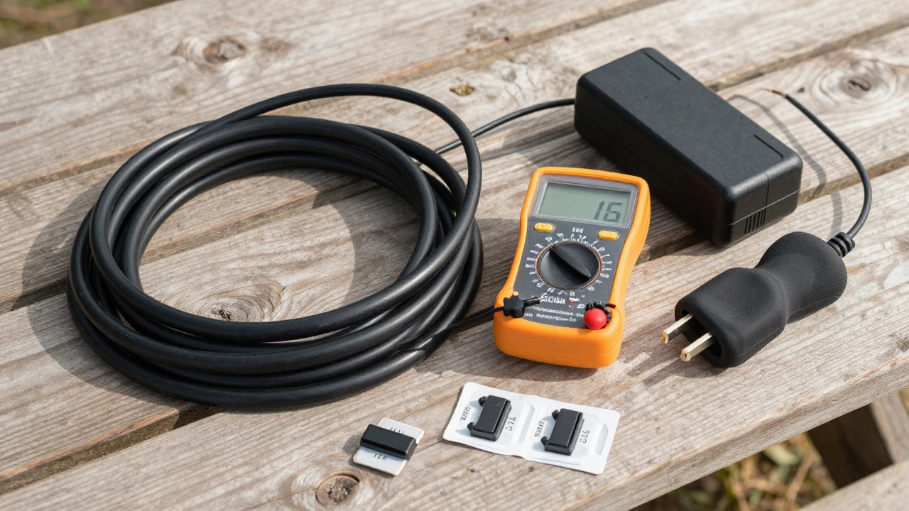 Camping power cable, multimeter, and surge protector on wooden table