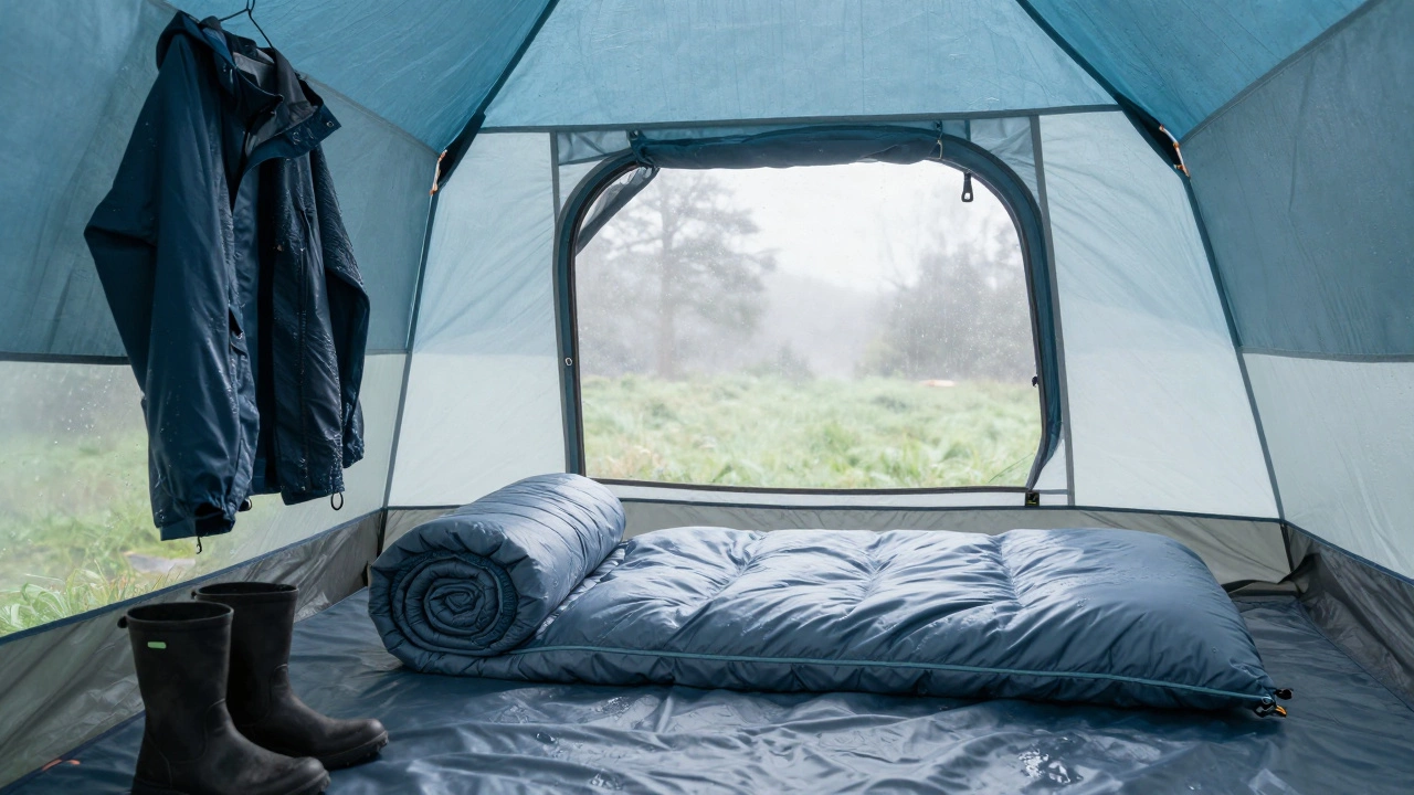 Clean dry tent interior with wet gear drying outside