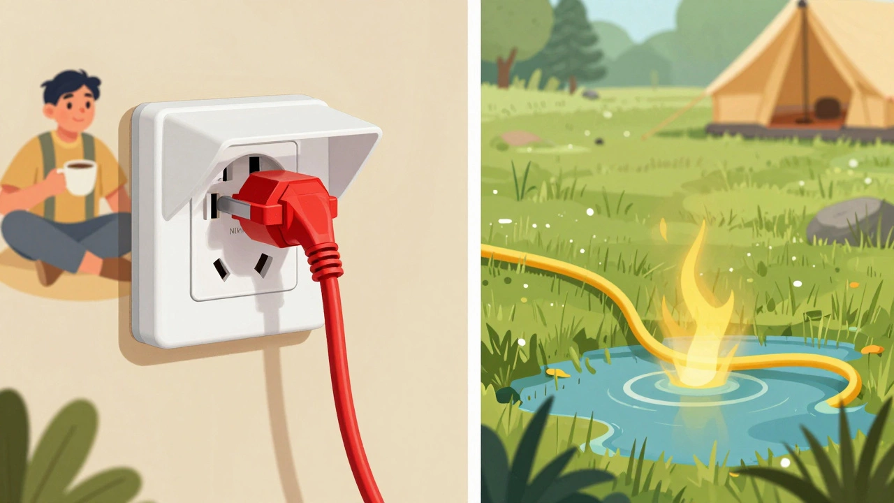 Comparison of safe industrial plug versus unsafe domestic lead in rain