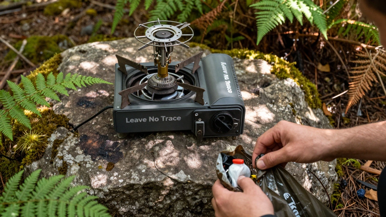 Gas stove and waste pack-out demonstrating Leave No Trace principles