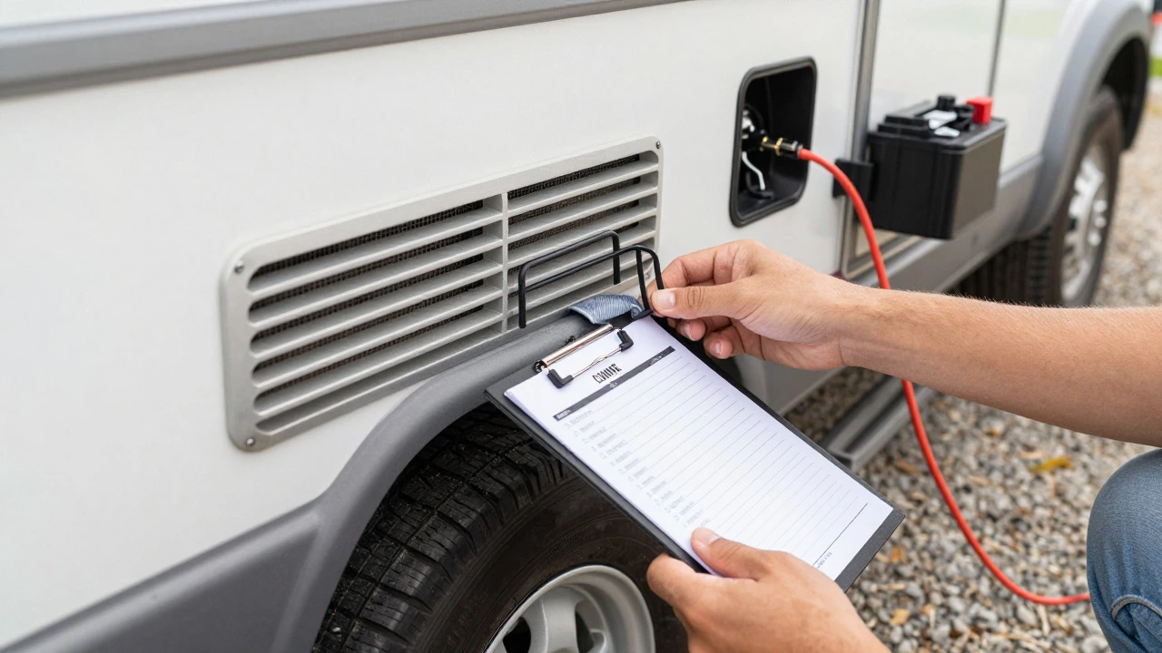 Hands installing mouse guards and tire cradles on a travel trailer for winter