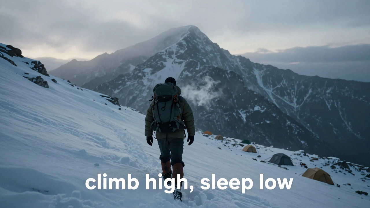 Hiker descending snowy slope at dawn away from distant mountain summit