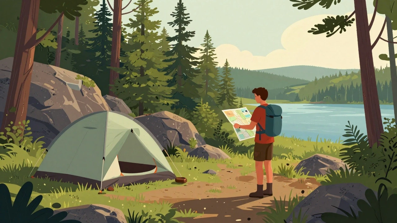 Hiker with tent in remote Michigan wilderness