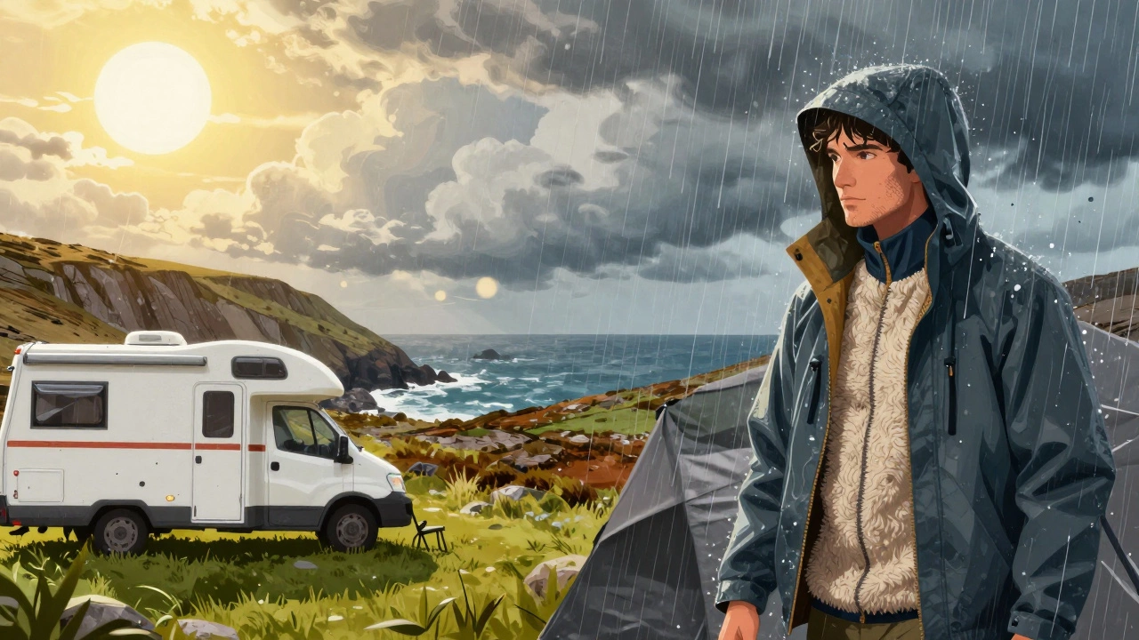 Illustration of UK camping weather changing from sun to rain